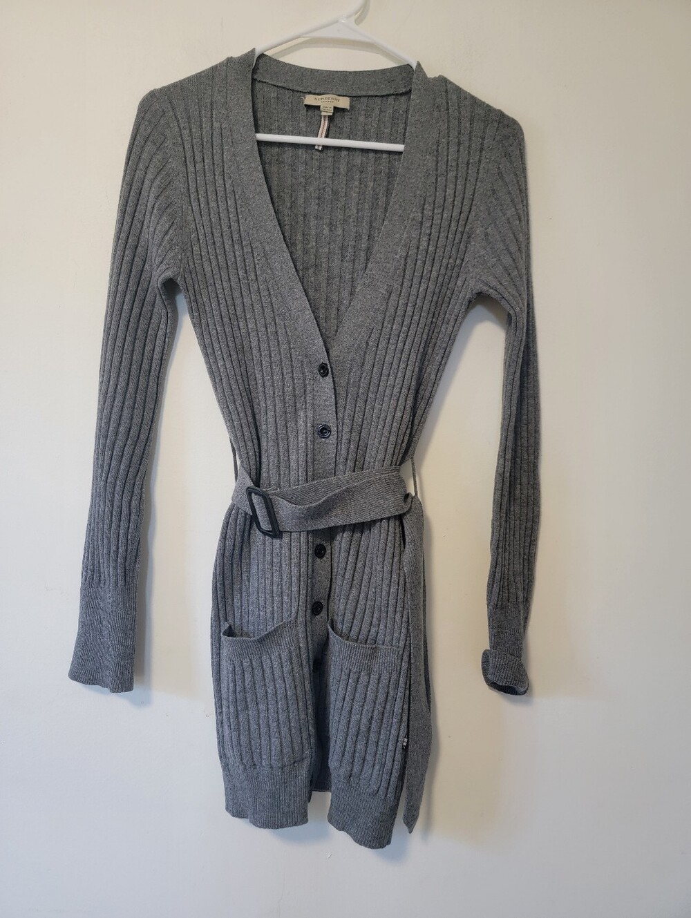 Burberry Cashmere Gray Ribbed Belted Long Cardigan